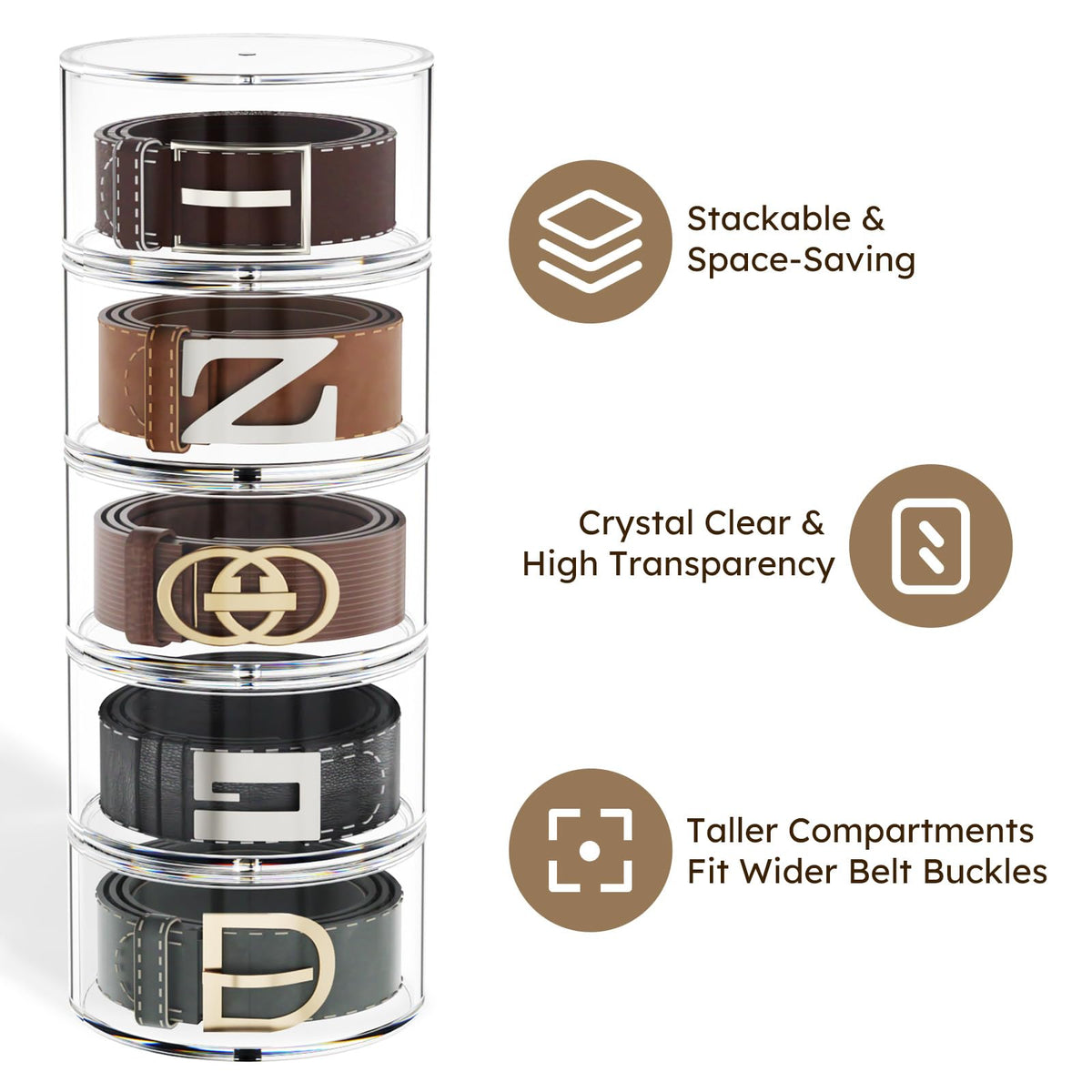 FEMELI acrylic belt holder with dust-proof lid protects items and speeds retrieval.