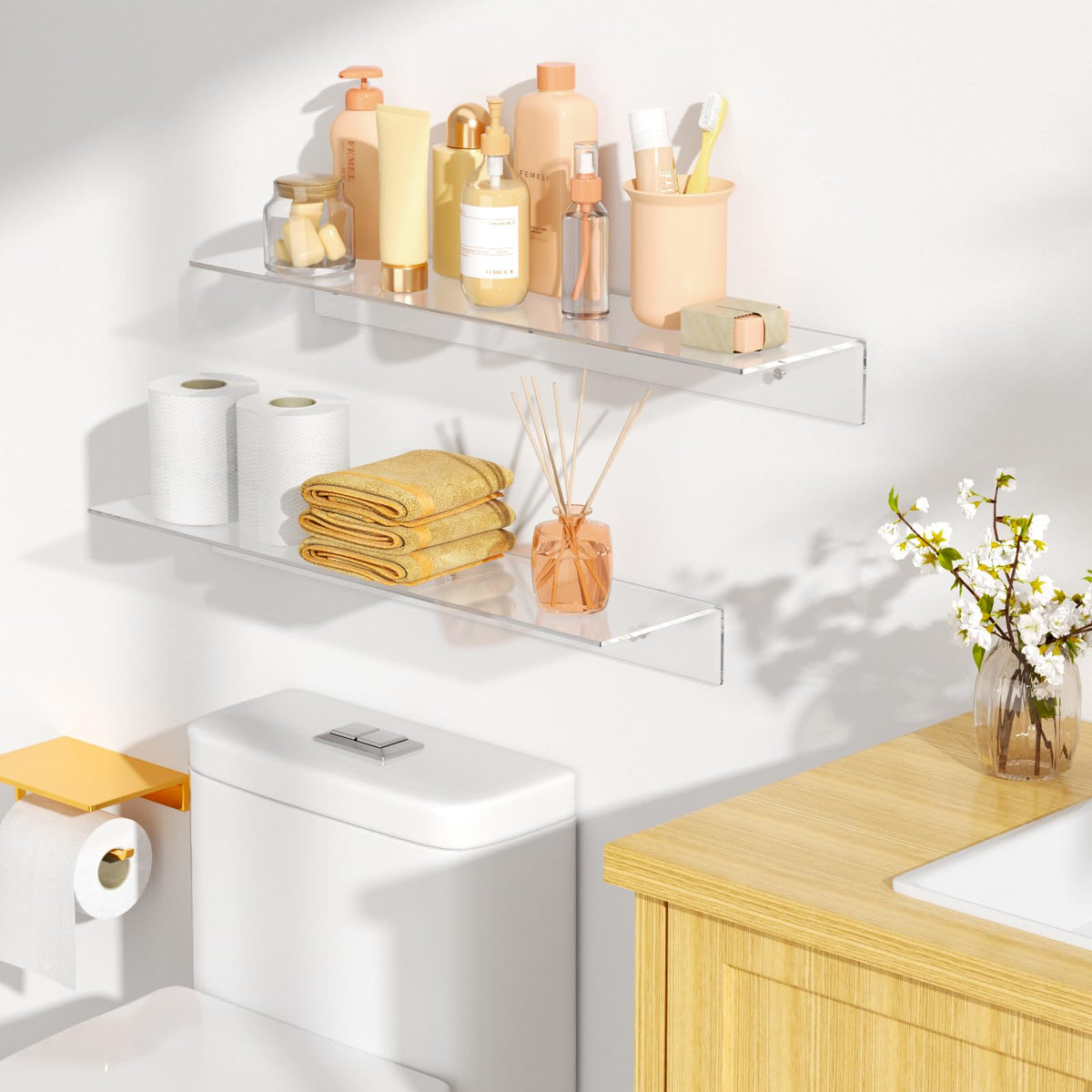 FEMELI acrylic shelf displaying plants, perfumes, and collectibles with clarity.