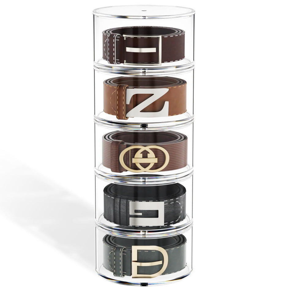 FEMELI belt organizer in clear acrylic with five layers for easy access and visibility.