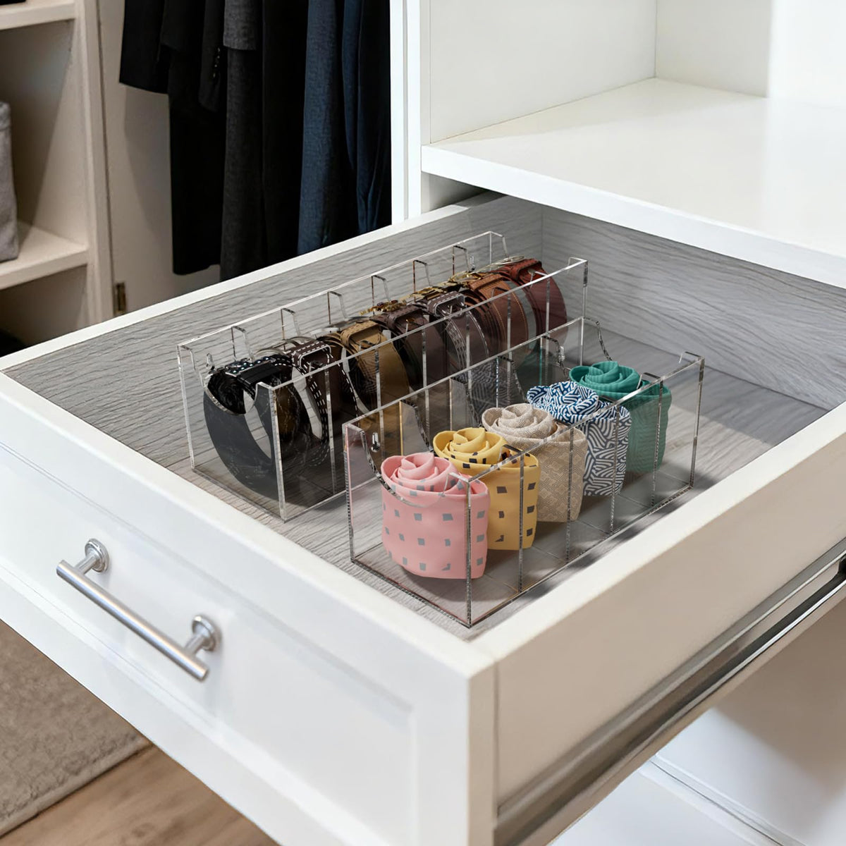 FEMELI clear acrylic material shows belts with a premium, sturdy feel