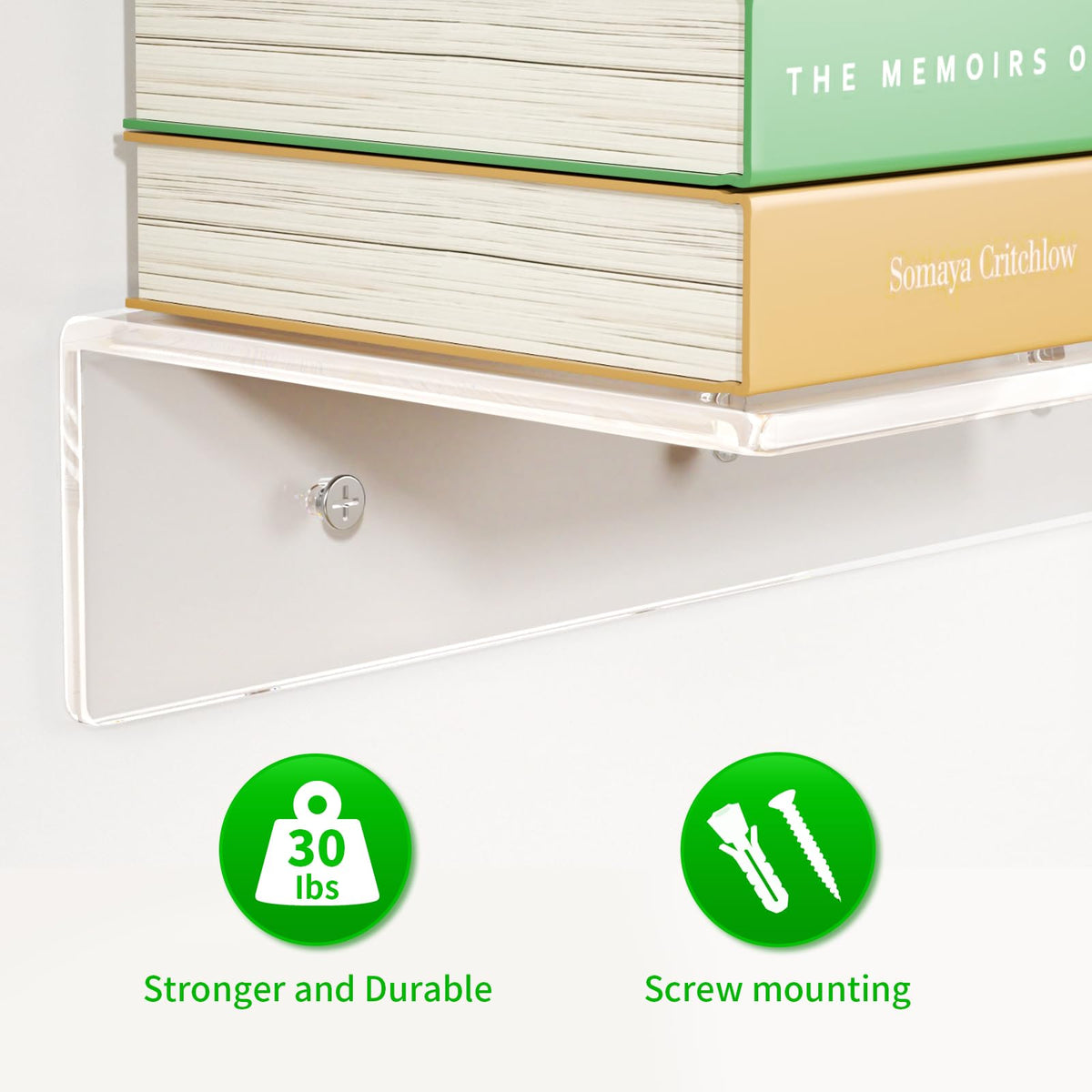 FEMELI clear acrylic wall shelf showcases items with a floating, airy look.
