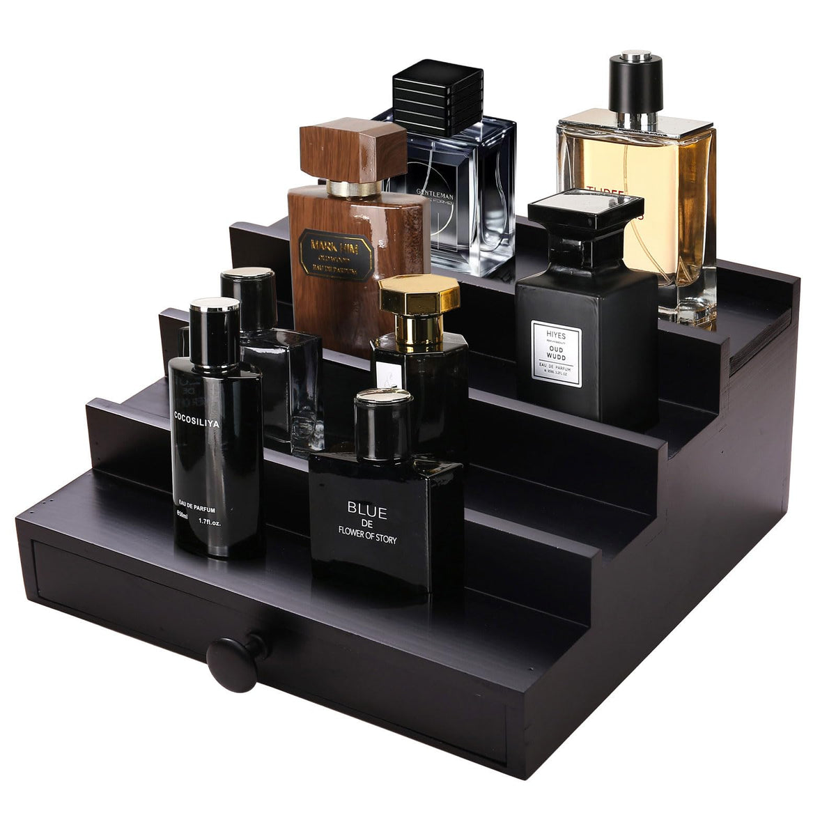 Fengligoo black cologne organizer on dresser keeps fragrances organized and within easy reach.