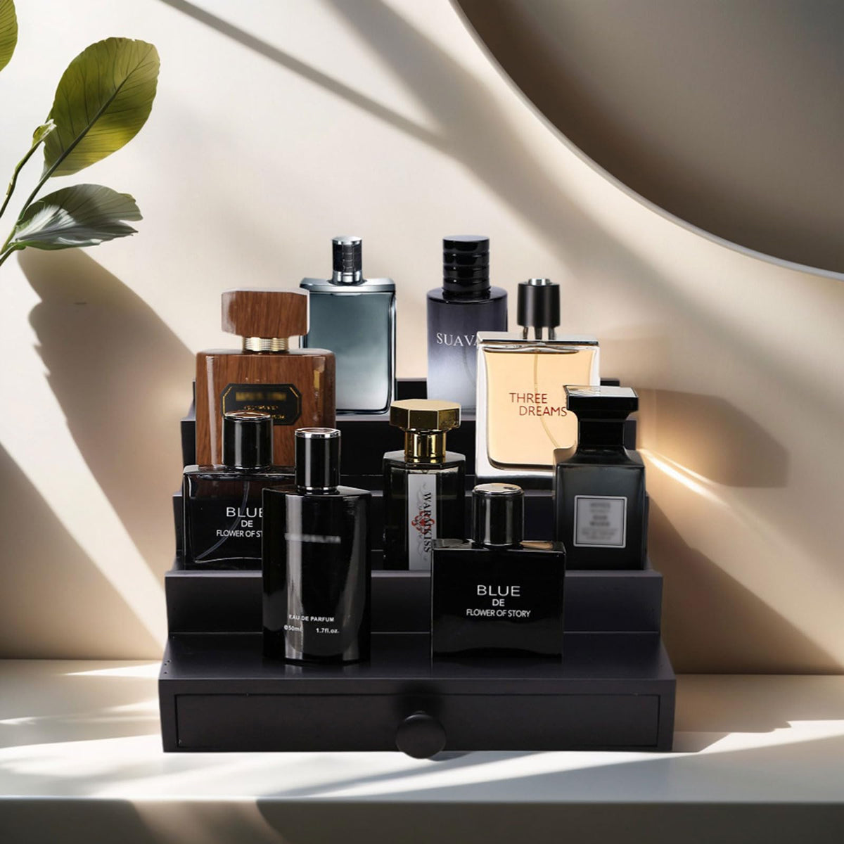 Fengligoo four-tier wooden display stand highlights fragrances with ample viewing space.