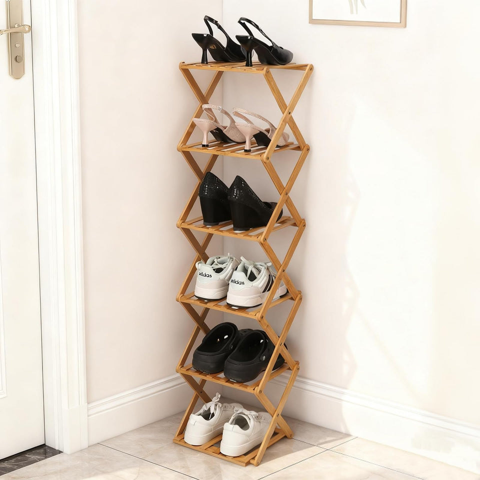 Fengzhizhu Bamboo Shoe Rack with 6-tier foldable design, space-saving and stylish.