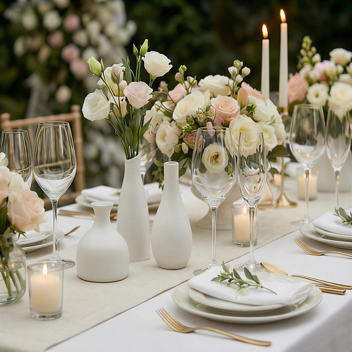 Fenravian mini vases used as wedding centerpiece accents.