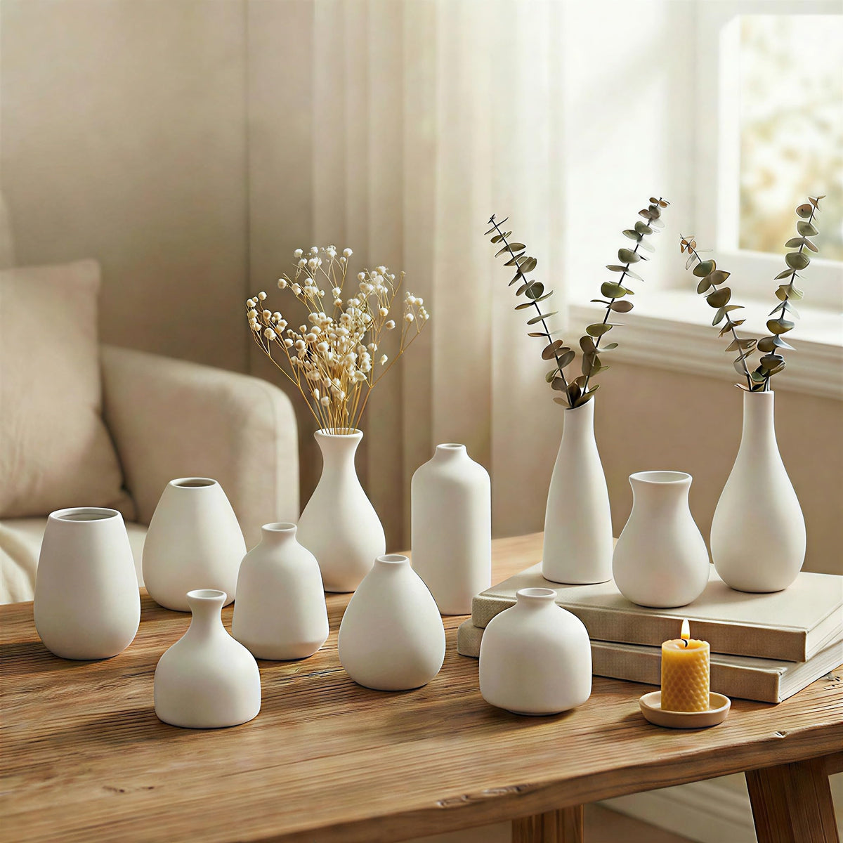 Fenravian white bud vases set of 11 with varied shapes for centerpiece styling.