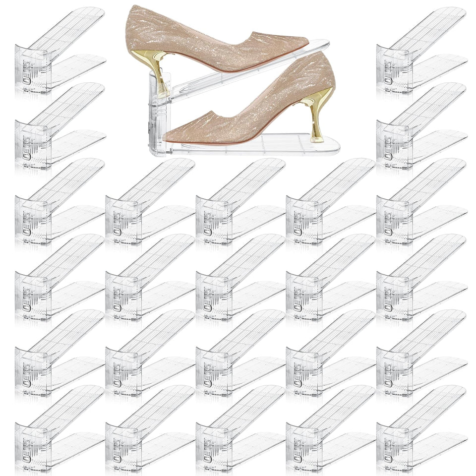 FENRUNXU 24-pack shoe slots organizer in transparent closet setup, maximizing space