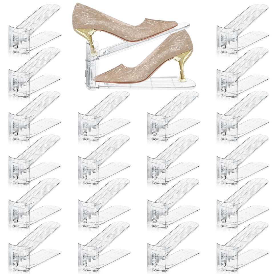 FENRUNXU transparent shoe slot stacker keeps closet pairs visible and organized.