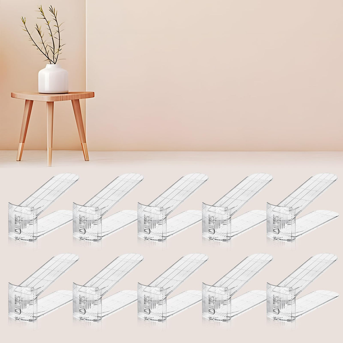 Fenrunxu transparent shoe stacker front view showing space-saving closet organization