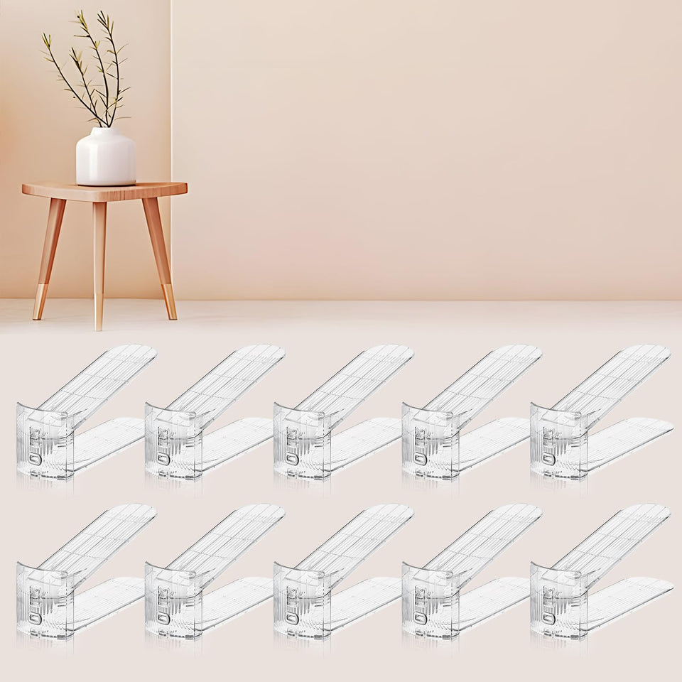 Fenrunxu transparent shoe stacker front view showing space-saving closet organization