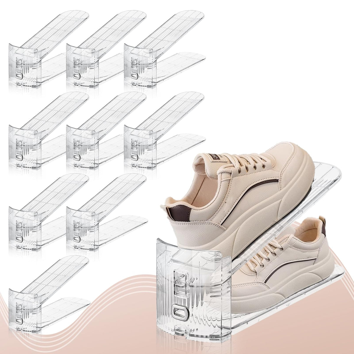 Fenrunxu transparent shoe stacker side view showcasing height-adjustable feature