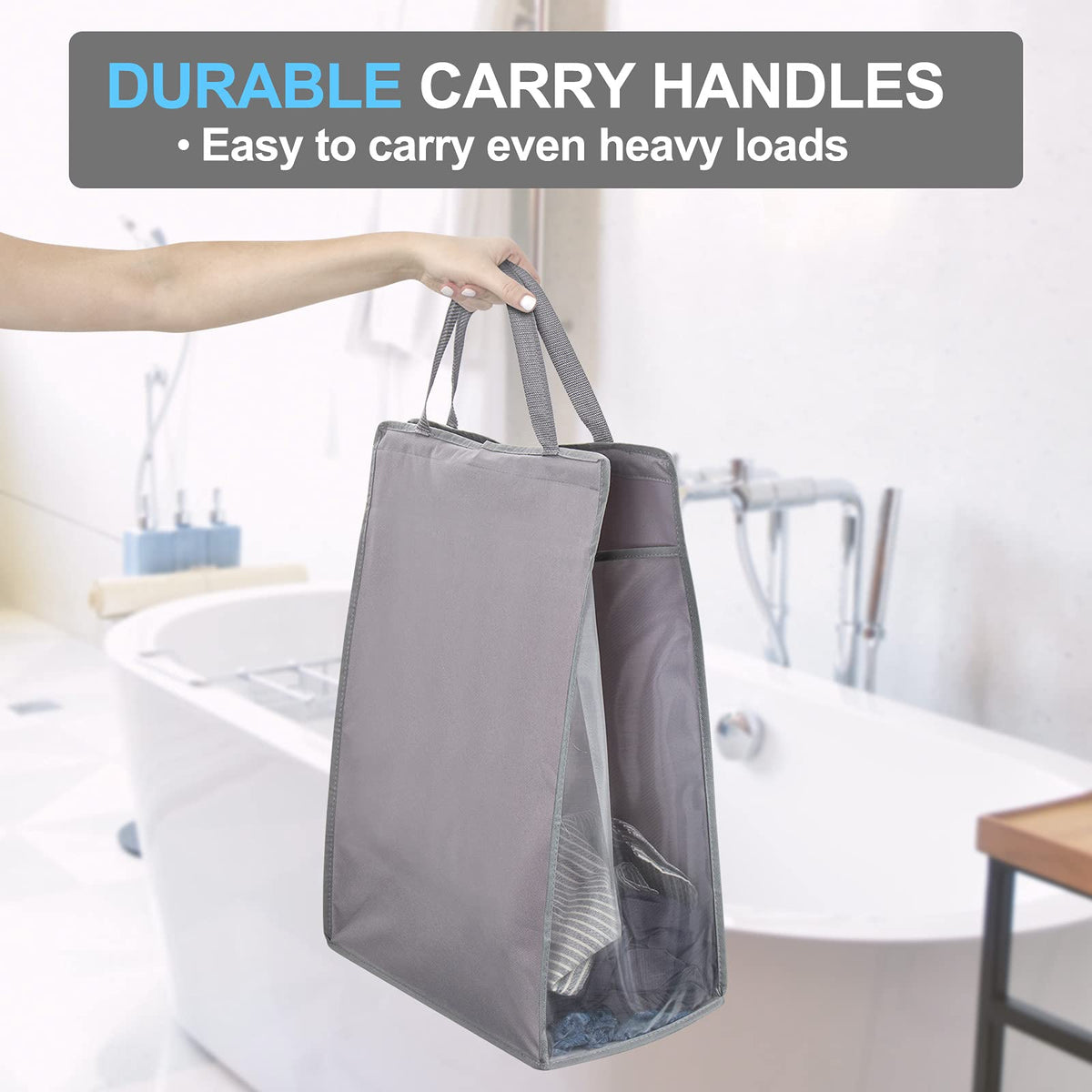 FENTEC hanging laundry hamper hung on a doorknob for convenient laundry access