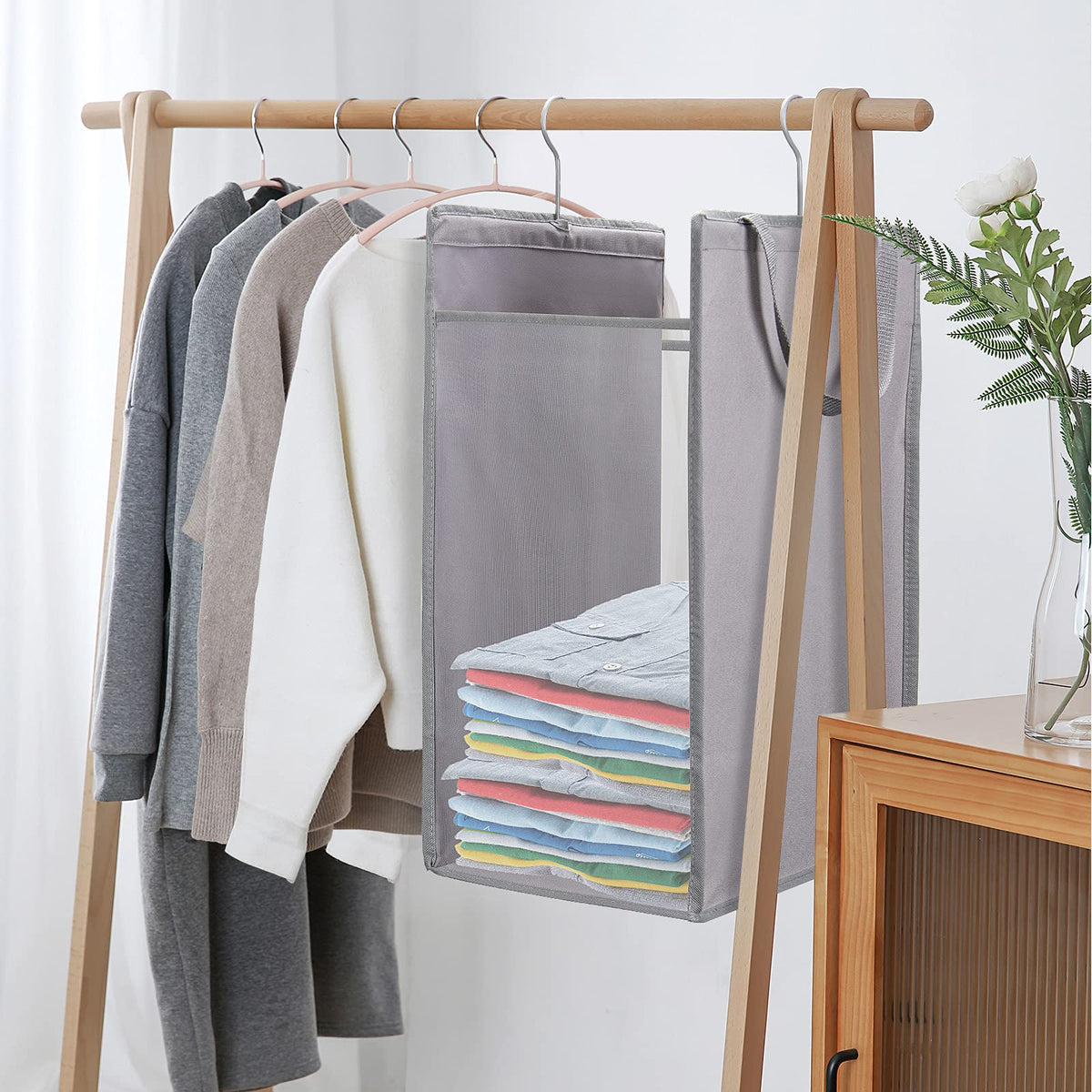 FENTEC hanging laundry hamper open-top view showing generous 57L capacity