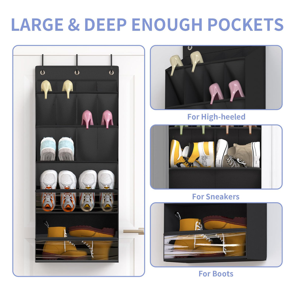 FENTEC hanging shoe rack on door demonstrates easy access and door-mount convenience.