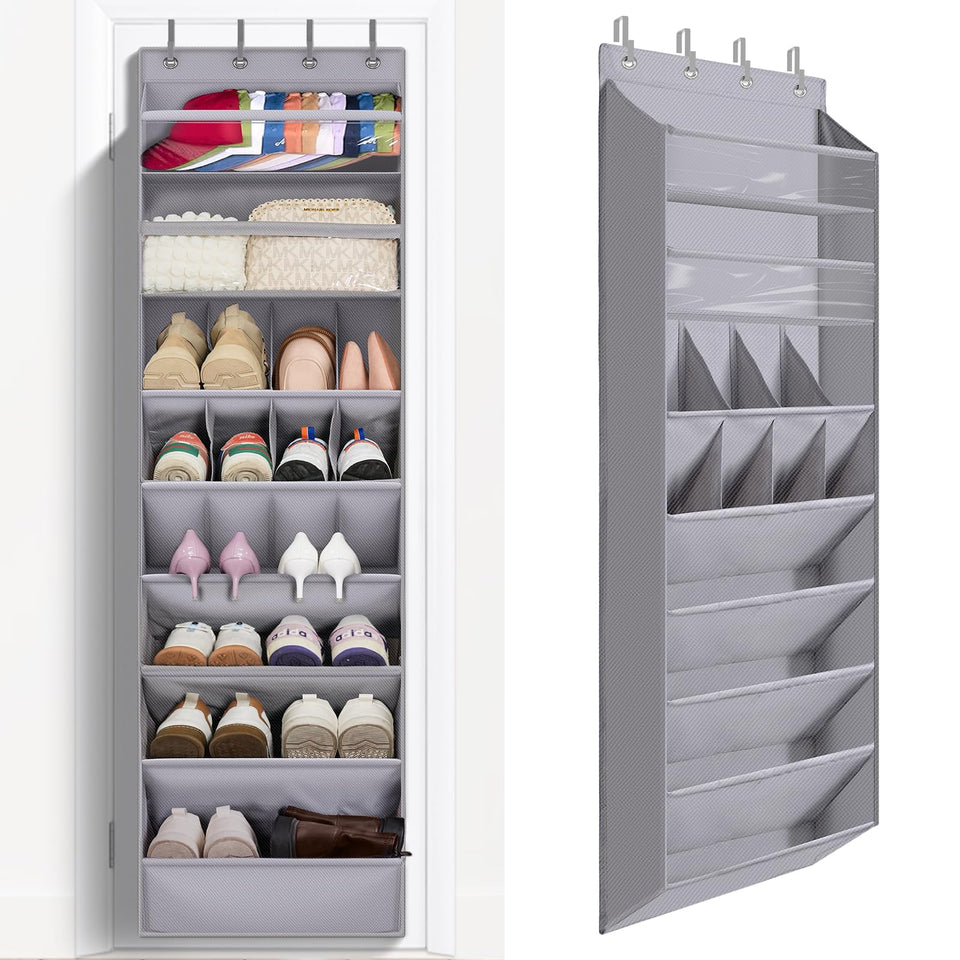 FENTEC over-door shoe organizer mounted on a doorway for extra storage space