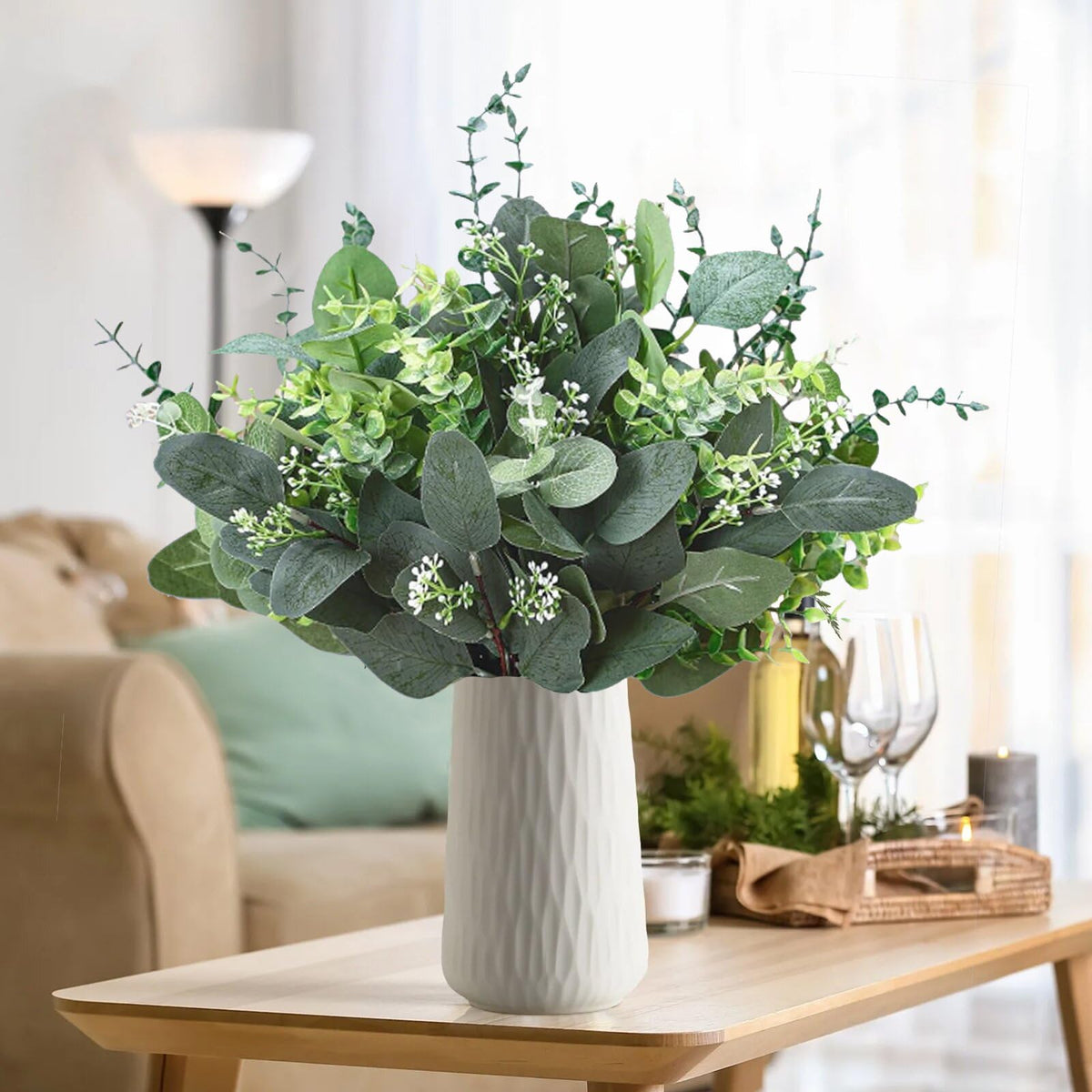 FENYUAN eucalyptus stems wedding bouquet setup inspiration.