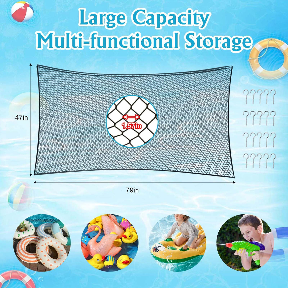 Feoang poolside fence toys net holder with 20 hooks keeps inflatables accessible.