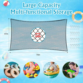 Feoang poolside fence toys net holder with 20 hooks keeps inflatables accessible.