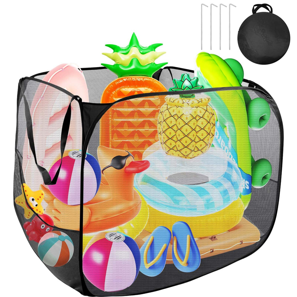 Feoang pop-up pool toy storage bin in open setup keeps toys organized and ready for use.