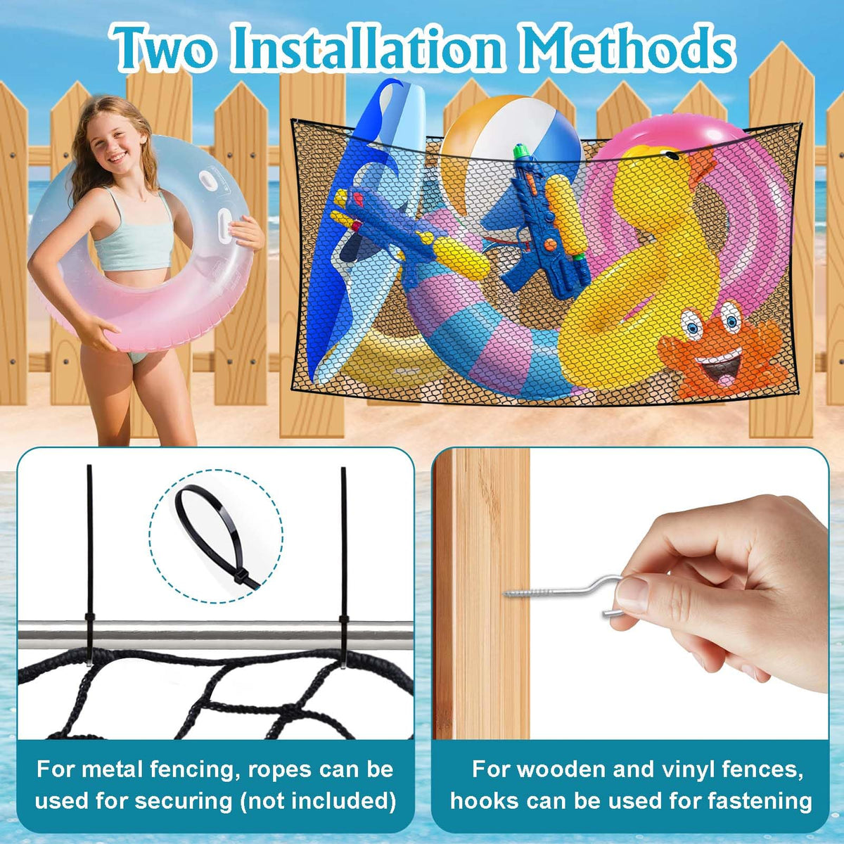 Feoang versatile outdoor storage net suits poolside, patio, and beach.