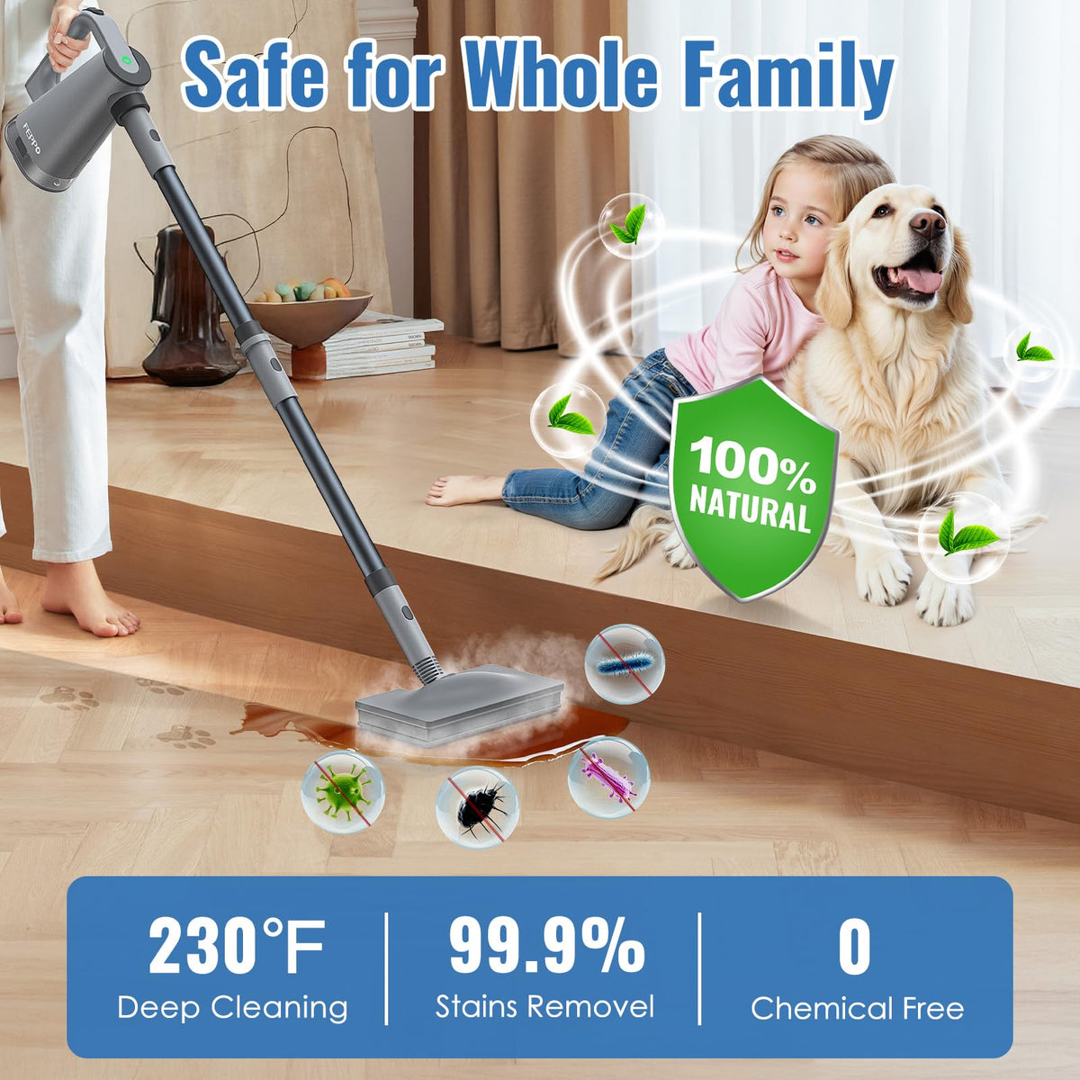 FEPPO 230°F steam penetrates grime on floors and surfaces