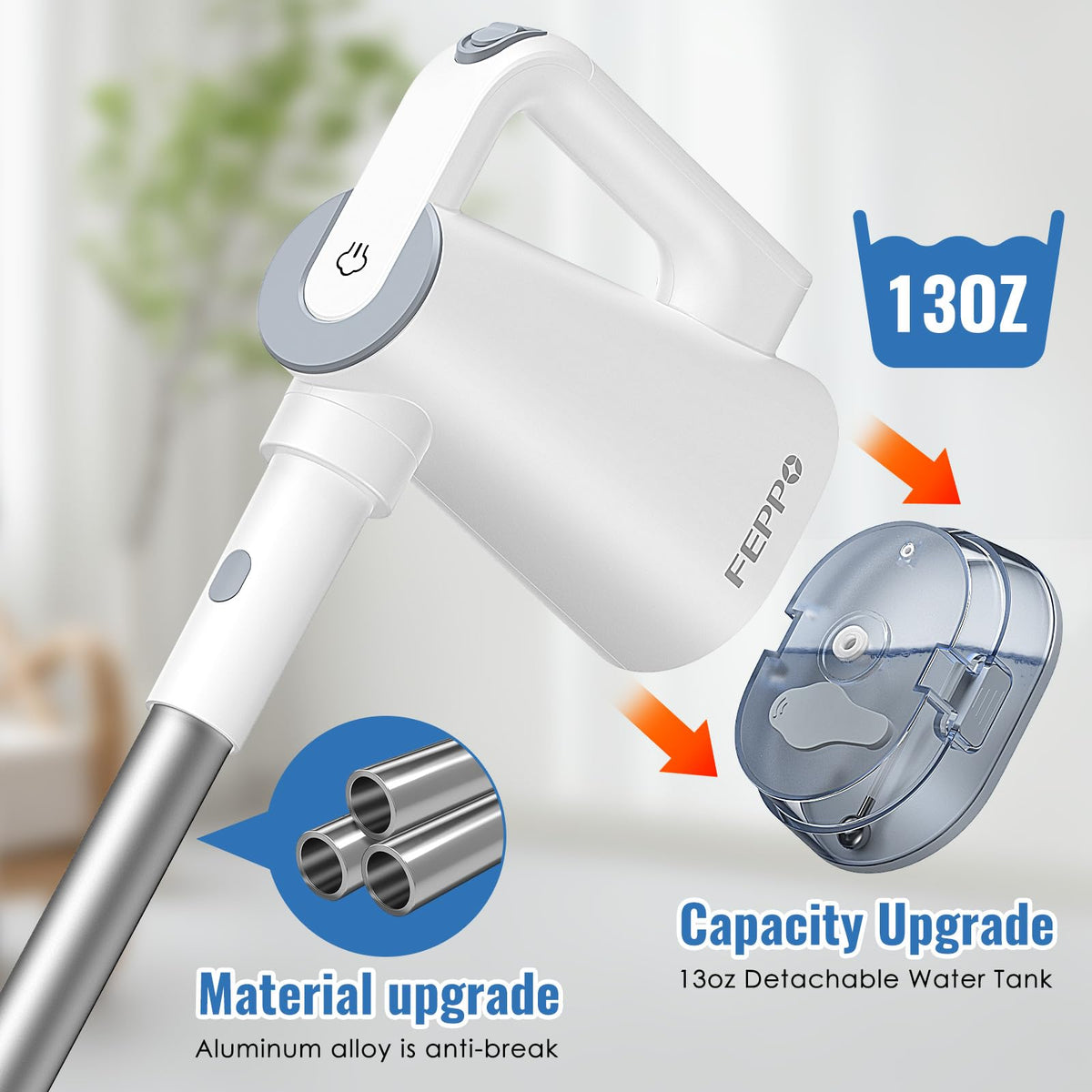 FEPPO 10-in-1 attachments tackle floors, windows, grout, and fabrics.