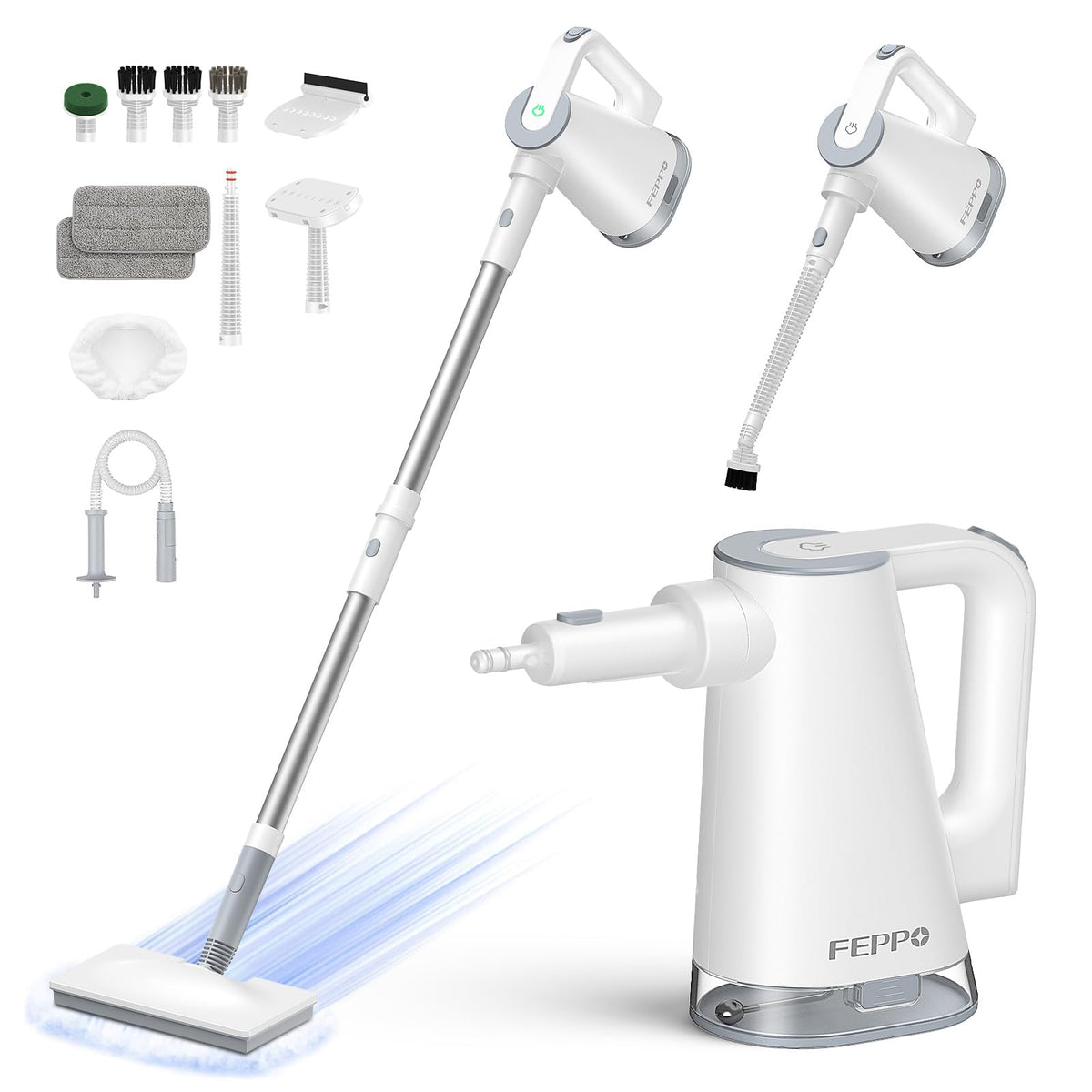 FEPPO steam mop folding action for easy storage and quick handheld transition.