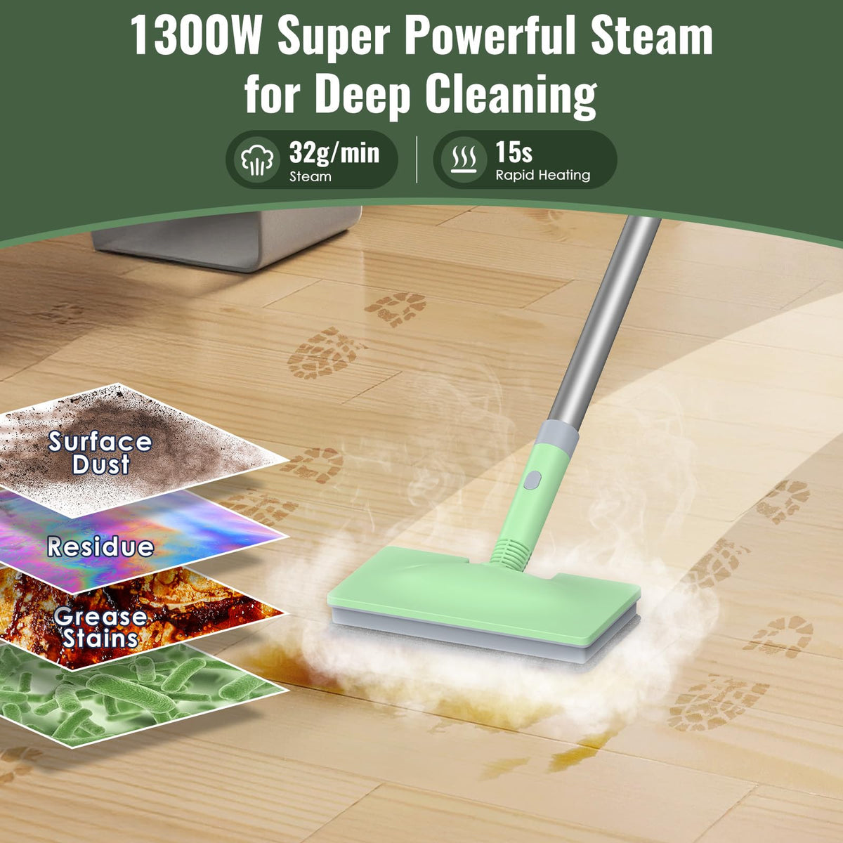 FEPPO steam mop heats up in 15 seconds for rapid cleaning.