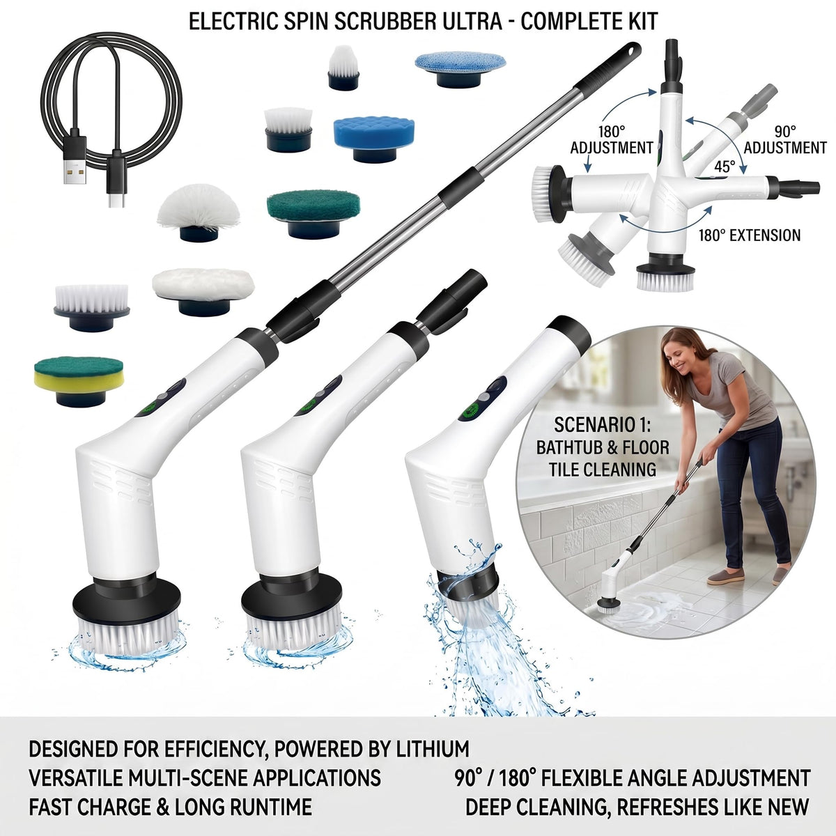 Ferbana Spin Scrubber extended handle reaches high corners.