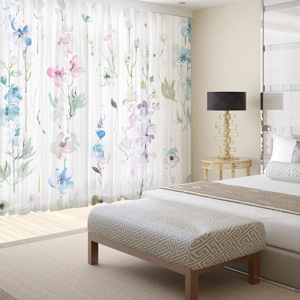 Fereyis blue pink spring flower print creates airy ambience in the room.