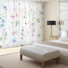 Fereyis blue pink spring flower print creates airy ambience in the room.