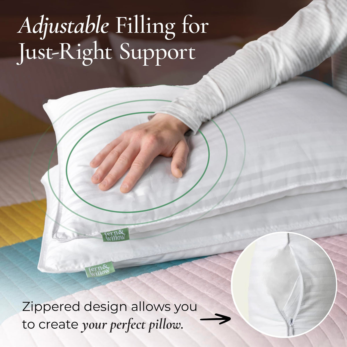 Fern and Willow queen pillow setup for back sleepers showing balanced comfort