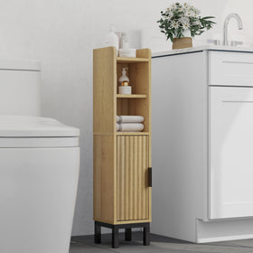 FerniTry narrow cabinet with open shelves for quick daily access.
