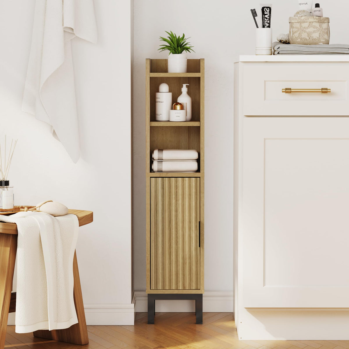 FerniTry oak finish adds a calm, modern touch to bathrooms.