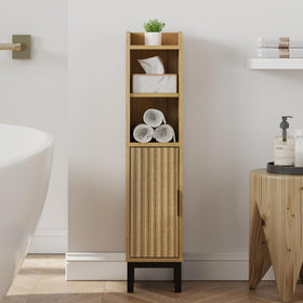 FerniTry corner oak cabinet with door for discreet bathroom storage.