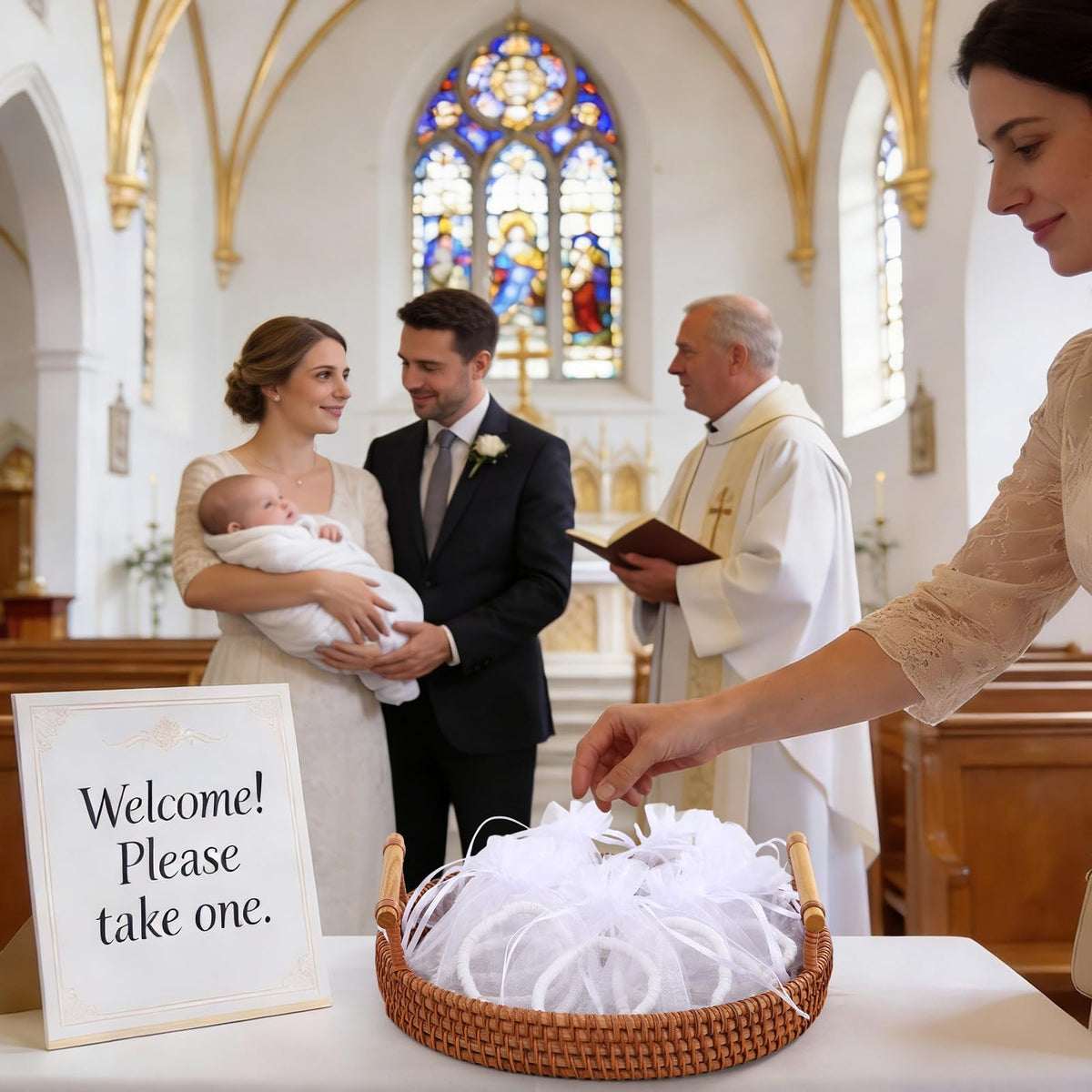 Ferreve 30-set baptism gift presentation saves time for large gatherings.