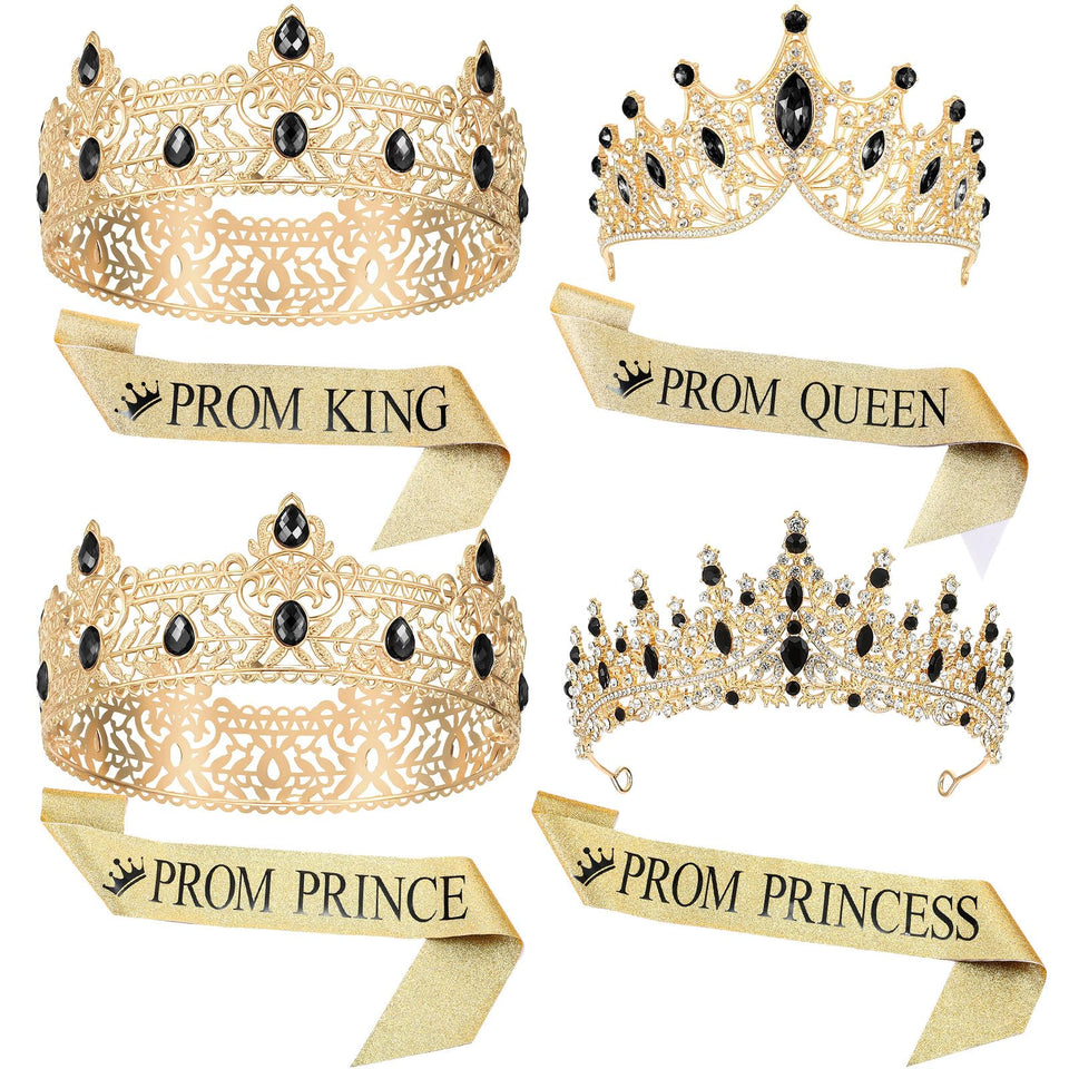 Ferreve 8-piece king and queen crowns for adults, gold finish, ideal for cosplay.
