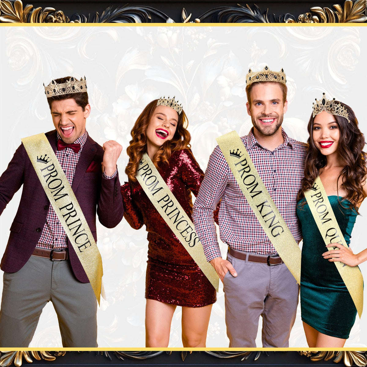 Ferreve alloy steel crowns and fabric sashes for durable, reusable party accessories.