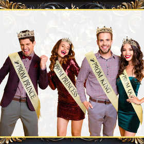 Ferreve alloy steel crowns and fabric sashes for durable, reusable party accessories.