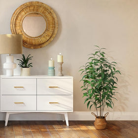 Ferrgoal faux eucalyptus placed by entrance enhances welcome feel