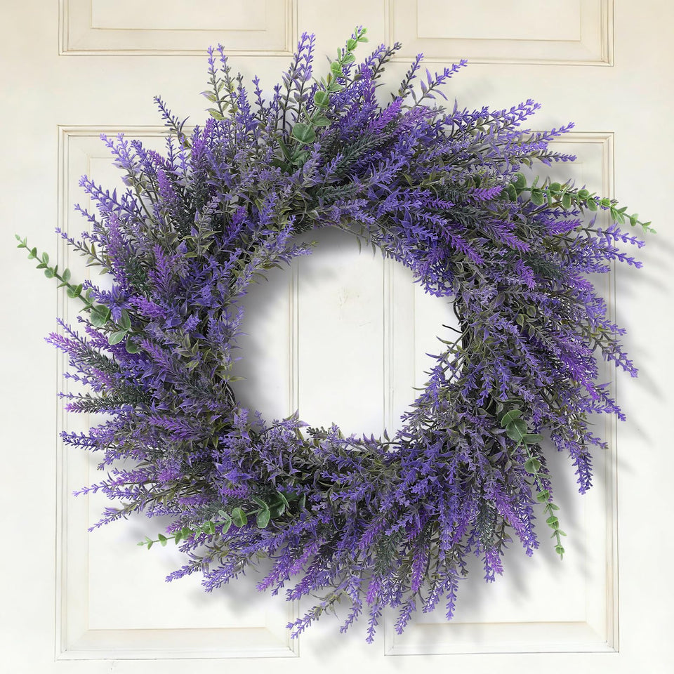 FestalMart 26in Lavender-Eucalyptus Wreath on front door with full layered look