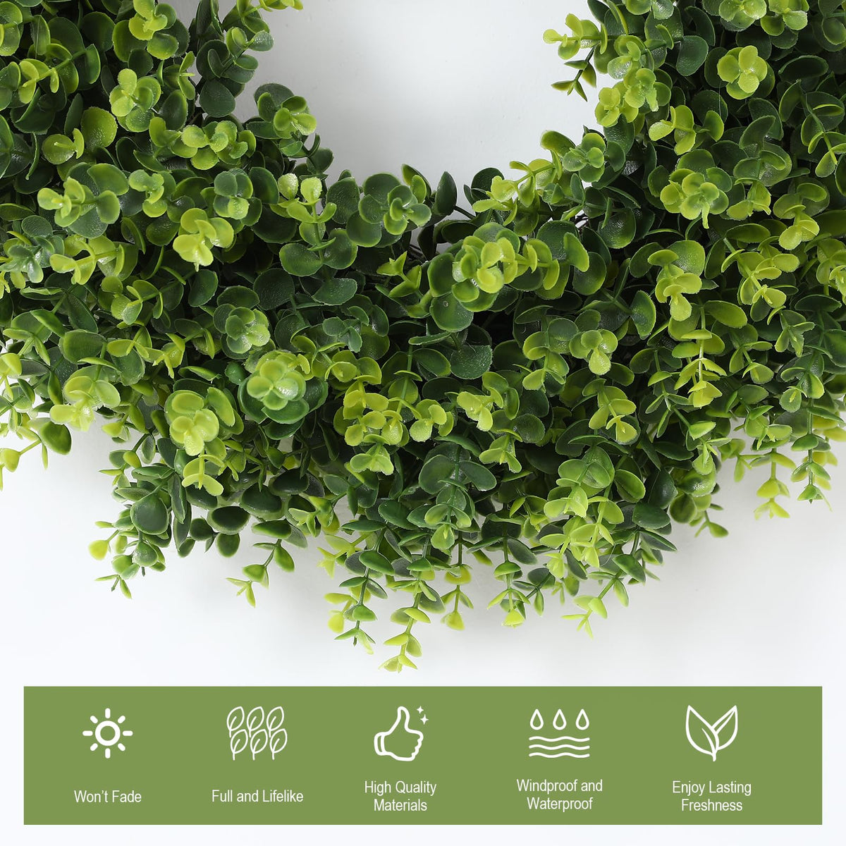 FestalMart artificial boxwood wreath adds vibrant greenery to indoor walls.
