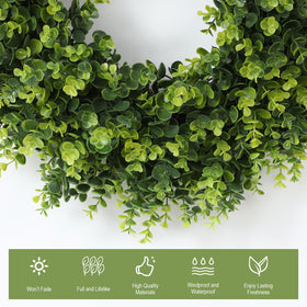FestalMart artificial boxwood wreath adds vibrant greenery to indoor walls.