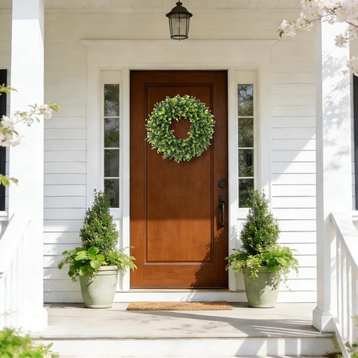 FestalMart boxwood wreath complements farmhouse decor on doors and porches.