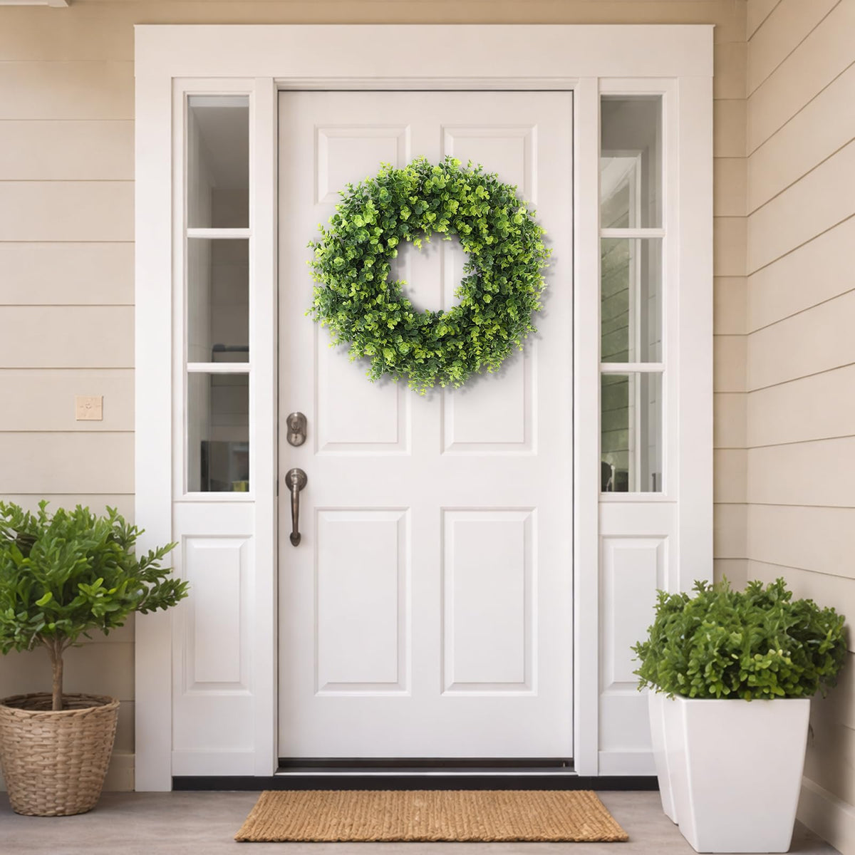 FestalMart boxwood wreath with sturdy leaves used on a wall or mantel.