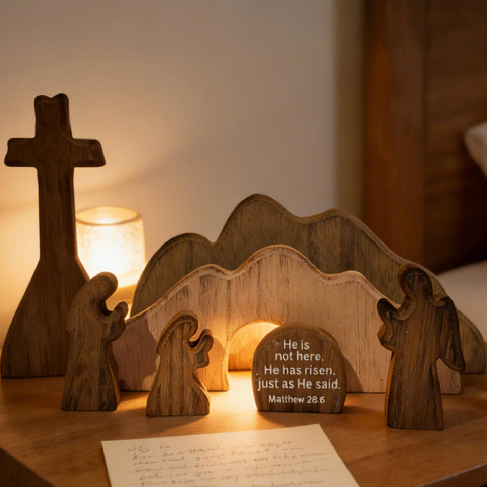FESTGLOX wooden Easter tomb scene with praying figurines for reflective home display