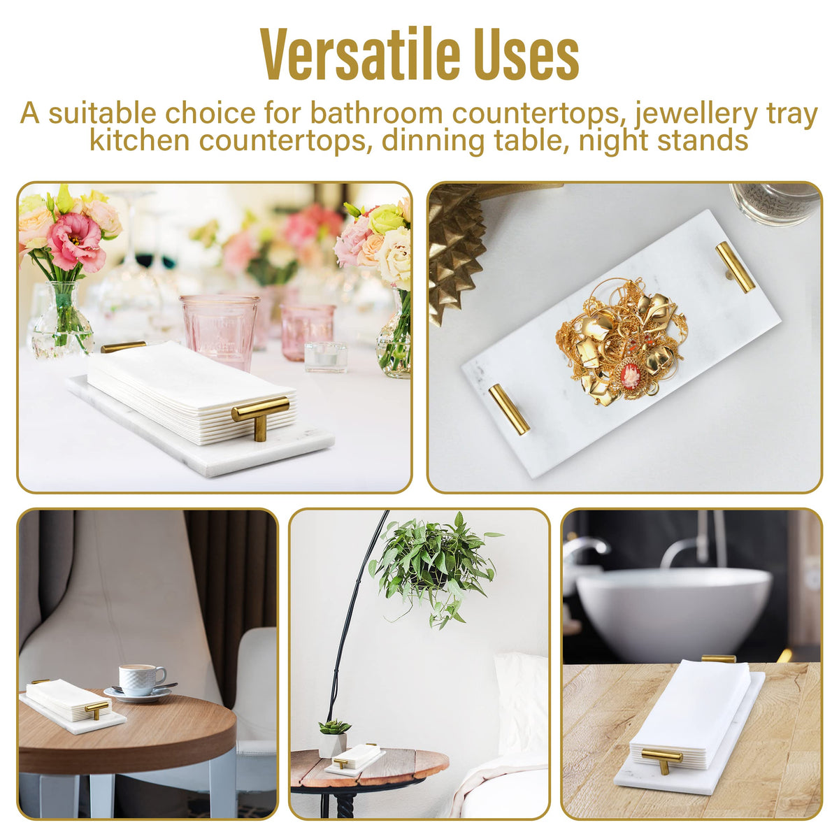 Fete sleek marble towel tray provides durable, stylish storage