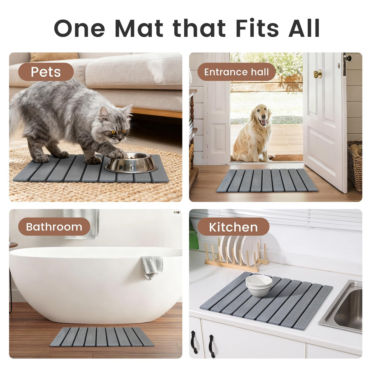 Fetriwer bathroom scene gray mat near tub, quick-dry and absorbent.