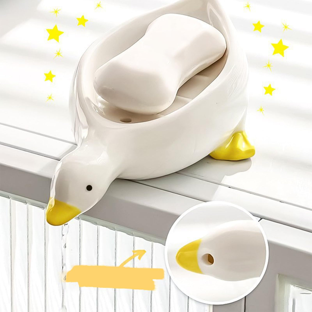 Fewile duck soap dish drain hole prevents soggy soap and water puddles.