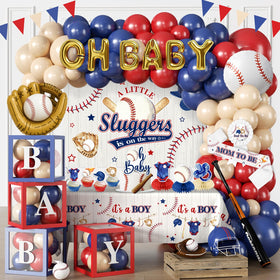 Fexivo baseball baby shower arch anchors the celebration with a coordinated theme.